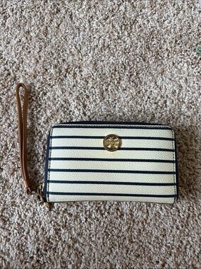 Tory Burch Cream and Navy Striped Wristlet Wallet with Tan Strap